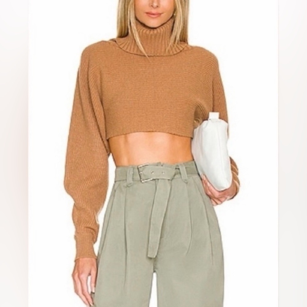 NWT House of Harlow 1960 Cropped Ribbed Turtleneck Sweater Brown Women’s Size L